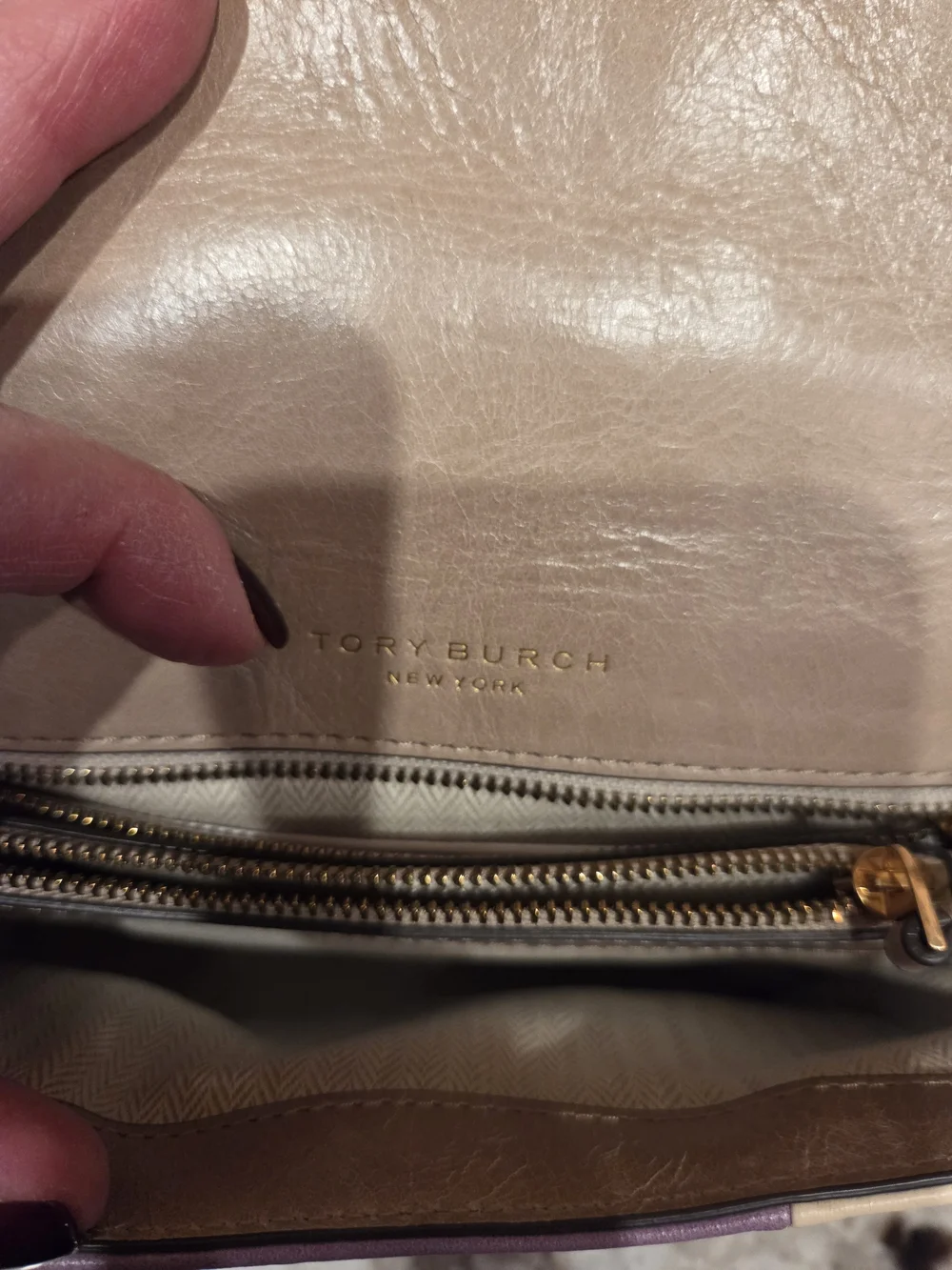 Tory Burch Patchwork Leather Shoulder Bag in Lavender, Cream & Brown
